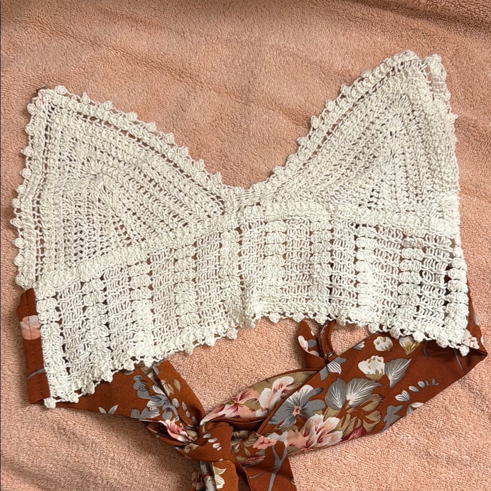 Crochet Lace Bralette with Floral Tie